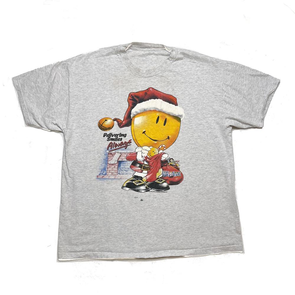 Vintage 90s Walmart Logo Christmas T-Shirt Smiley Face Santa Holiday Gray Y2K
